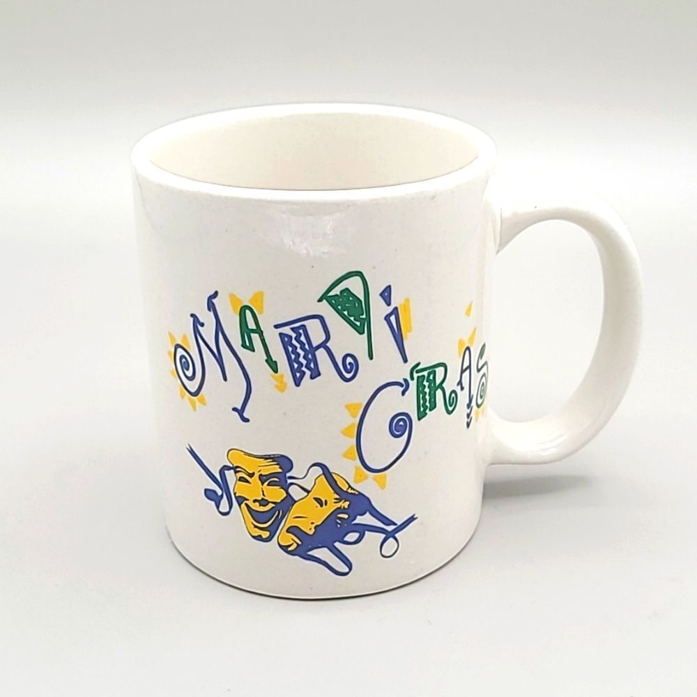Mardi Gras Mug, Purple, Gold, Green with Mardi Gras Words & 2 Masks, NWOT